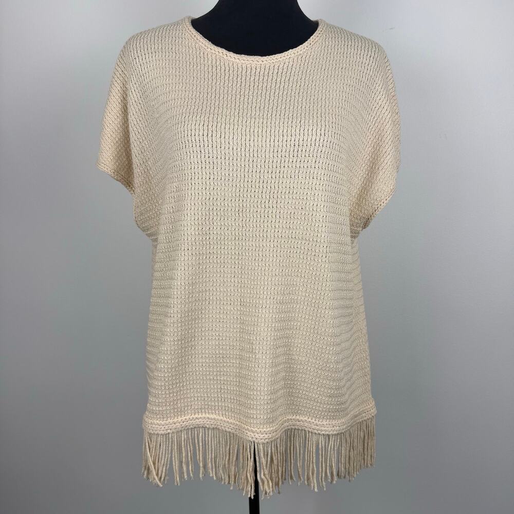 Chicos Pullover Short DLMN Sleeve Knit Sweater Tee w/ Fringe Sand Cream Plus XL